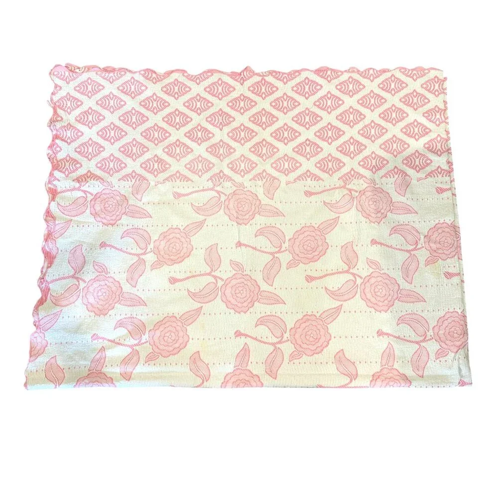 Vintage Pink Floral Coverlet Quilt 94x74 Embroidered Cotton Scalloped White